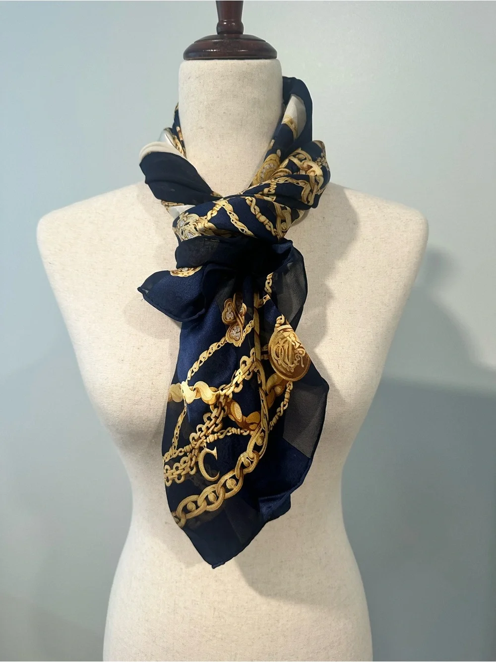 Dior Navy & Gold Chain Print Silk Scarf